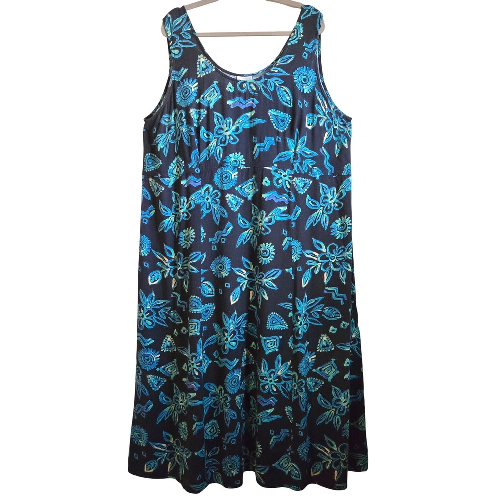 RR Bentley Vintage Y2K Island Blue Green Floral Rayon Sleeveless Dress Sz 24